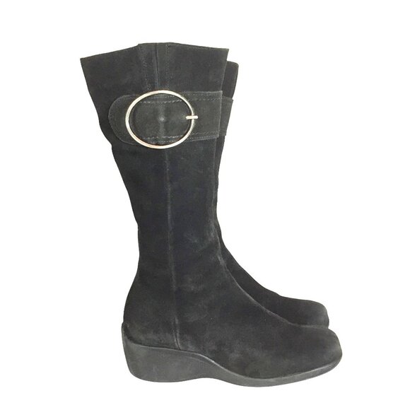 La Canadienne Black Suede Tall Wedge Boots Womens 7.5 Side Zip Buckle - Picture 1 of 10